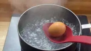 Boiling an egg in a pot with a red spoon for a perfect hard boil recipe.