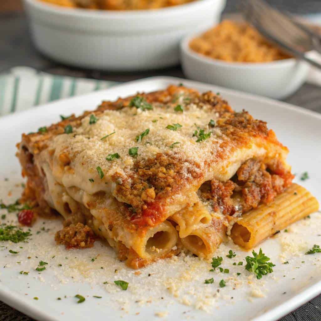 Delicious homemade baked ziti with melted cheese and herbs on a white plate.