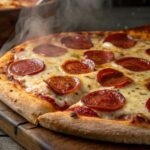 Steaming pepperoni pizza with melted cheese and crispy crust on a wooden board. Perfect for pizza lovers.