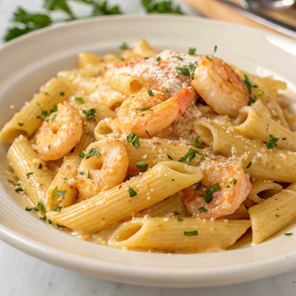 Creamy garlic shrimp pasta in pink sauce
