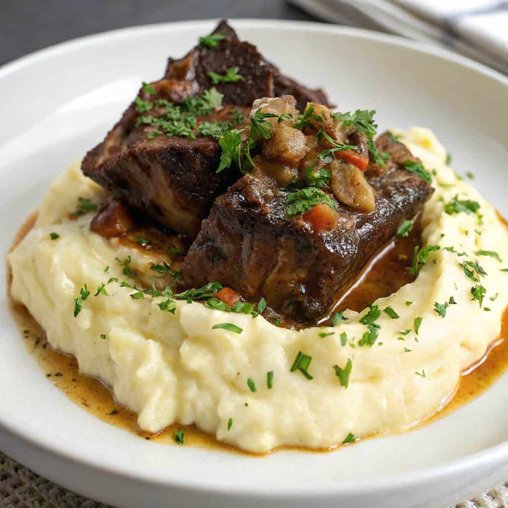 Braised short ribs on creamy mashed potatoes, garnished with fresh herbs in a white bowl.