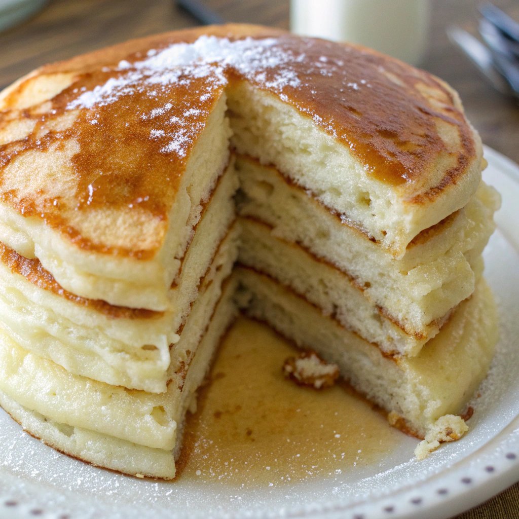 Stack of fluffy buttermilk pancakes with powdered sugar and syrup on a white plate, missing a slice. 