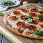 Delicious pepperoni pizza topped with fresh basil leaves on a wooden board, perfect for Italian cuisine lovers.