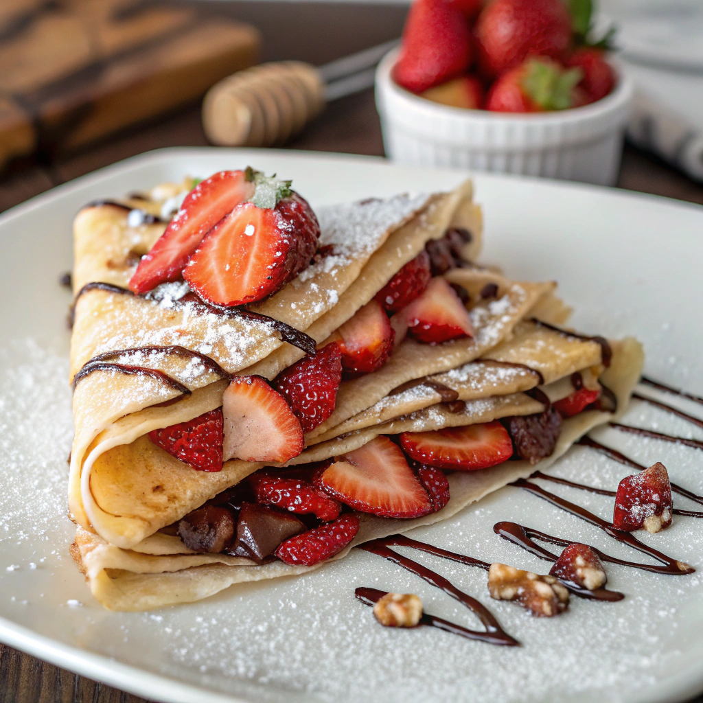 Delicious Banana & Strawberry Crepes with strawberries, chocolate drizzle, banana and powdered sugar on a white plate. 