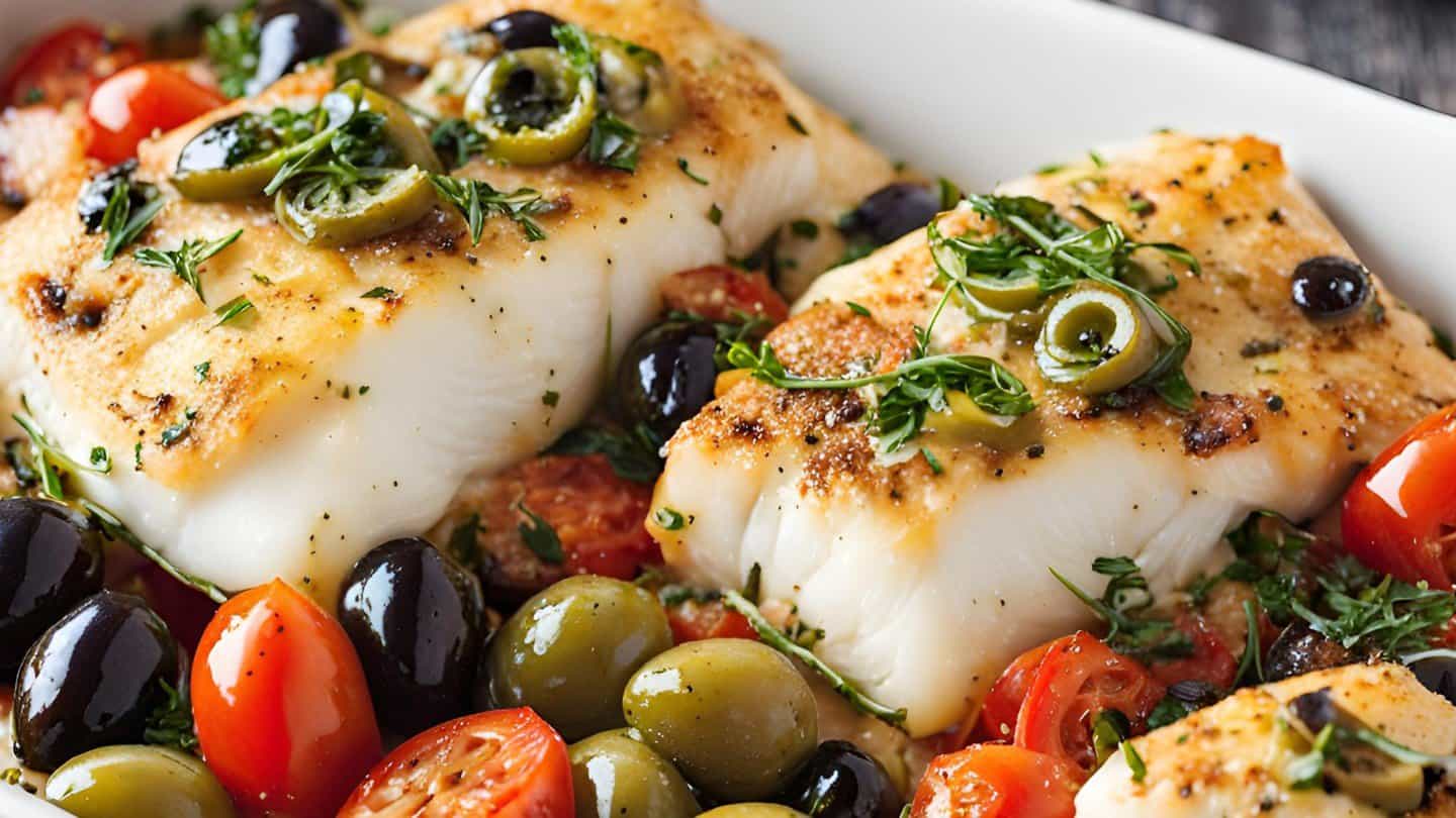 Grilled fish with olives and herbs garnished with cherry tomatoes in a white dish. Perfect Mediterranean cuisine.