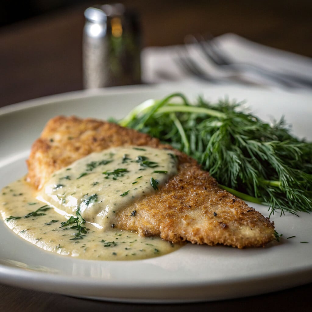 Lemon beurre blanc chicken on a white plate with dill.