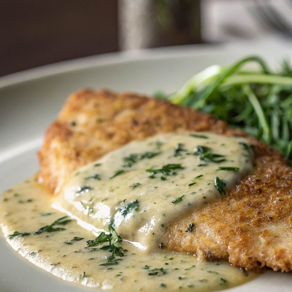 Lemon beurre blanc chicken on a white plate with dill.