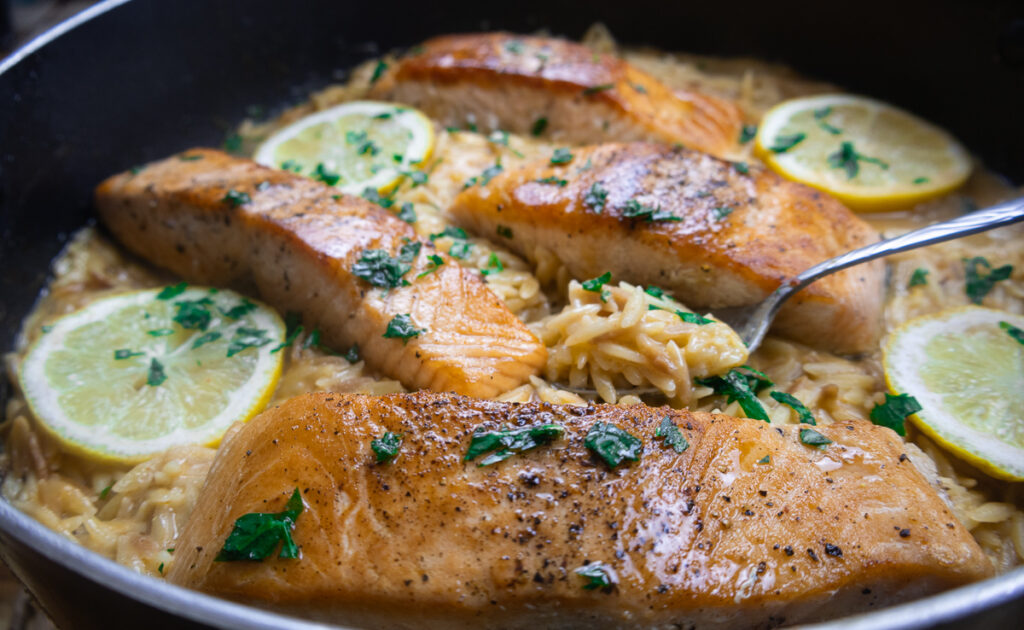 One-Pot Lemon Garlic Salmon Orzo