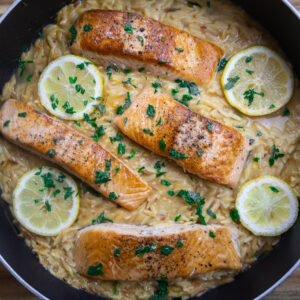 One-Pot Lemon Garlic Salmon Orzo