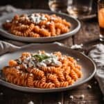 Delicious pasta with creamy sauce and herbs on rustic plates, perfect for a cozy dinner setting.