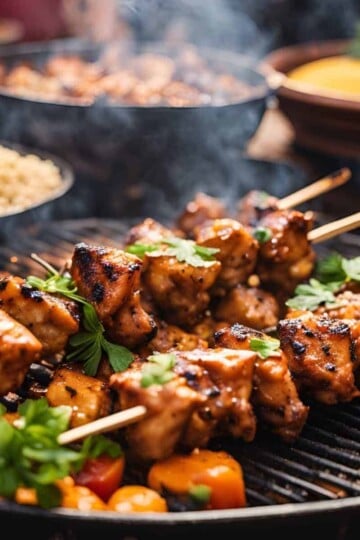 Grilled chicken skewers with vegetables on BBQ, garnished with herbs, smoke rising. Perfect summer barbecue meal.