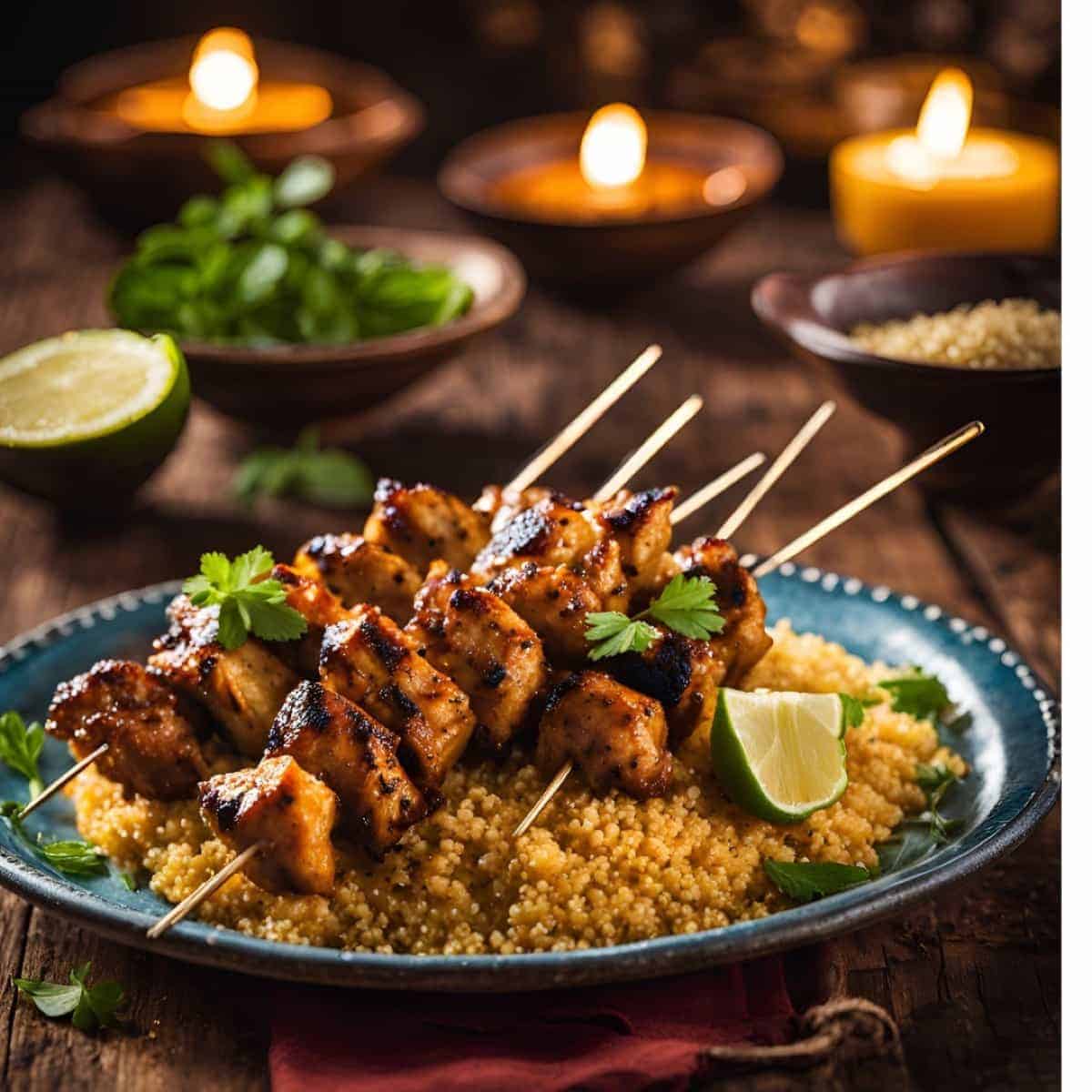 Grilled chicken skewers on a bed of couscous with lime and herbs, illuminated by candlelight for a cozy dining ambiance.