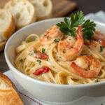 Creamy shrimp pasta with fresh parsley and red peppers in a white bowl, accompanied by sliced baguette in the background.