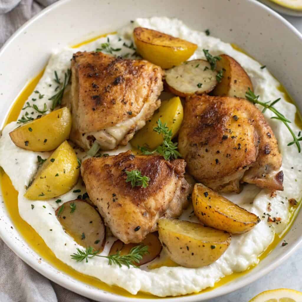 Roasted chicken with potatoes and herbs on a bed of creamy sauce. Delicious home-cooked meal in a white bowl.