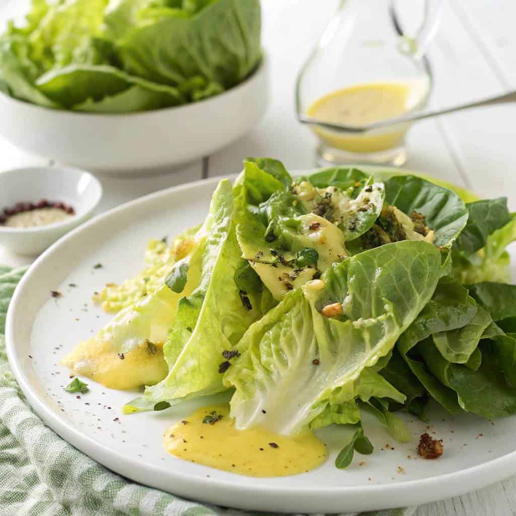 Fresh Caesar salad with romaine lettuce, creamy dressing, and parmesan cheese on a white plate.