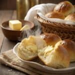 Warm dinner rolls with melted butter on a plate, basket of rolls in background. Perfect for cozy meals.