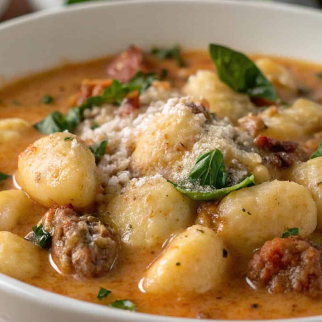 Creamy gnocchi with sausage, spinach, and tomato sauce topped with Parmesan in a white bowl.