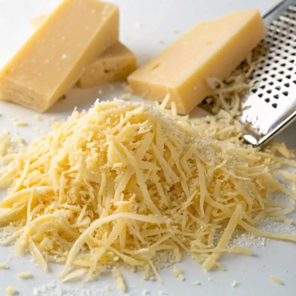 Shredded cheese on a cutting board.
