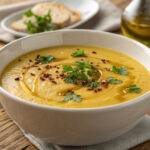 Creamy pumpkin soup garnished with cilantro and red pepper flakes in a white bowl on a wooden table with bread.