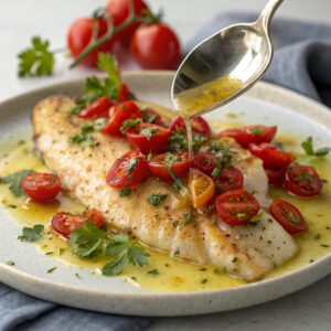 baked tilapia cherry tomatoes drizzled with herb-infused oil on a plate.