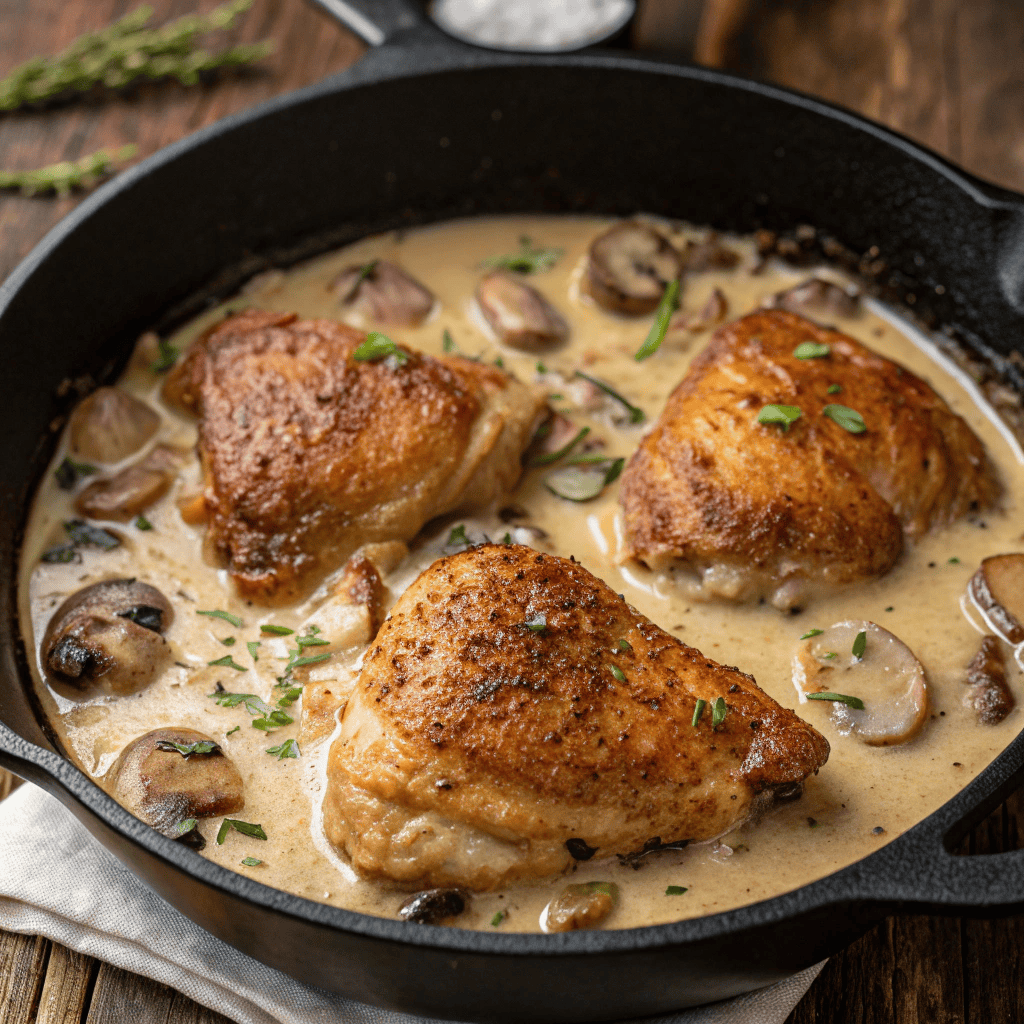 One-pot baked chicken and gravy and mushrooms in a skillet.