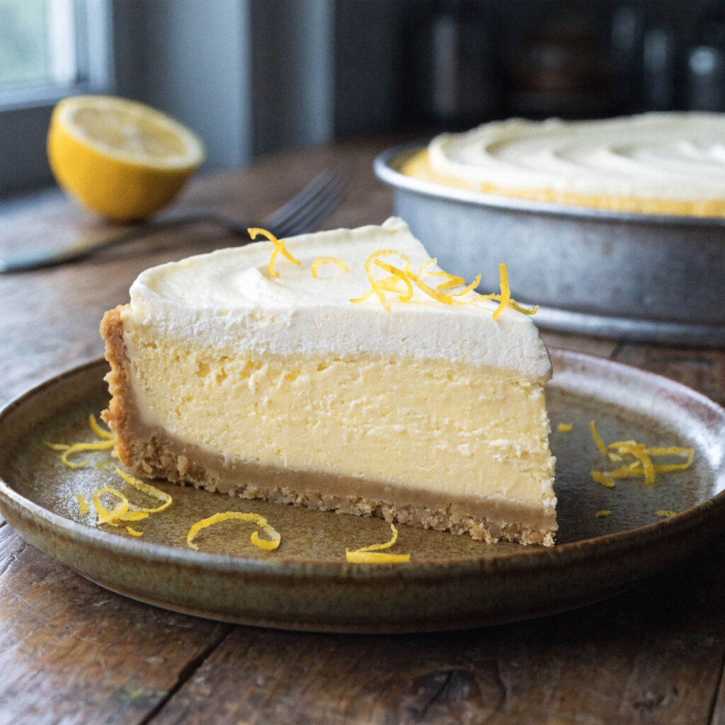 Slice of lemon no-bake mascarpone cheesecake on a plate with lemon zest topping, whole cheesecake and lemon half in background.