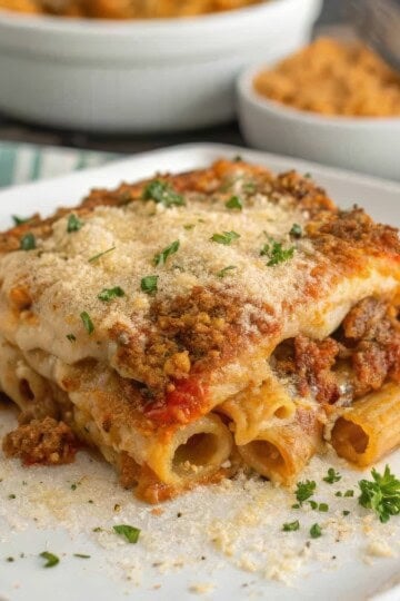 Delicious baked ziti with rich meat sauce, melted cheese, and fresh parsley on a white plate, perfect Italian comfort food.