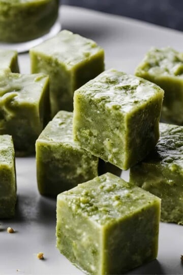 Green matcha fudge cubes on a white plate, perfect for a sweet and healthy treat.