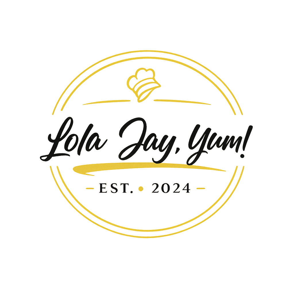 Logo of Lola Jay, Yum! with a chef hat, established in 2024, yellow glow effect.