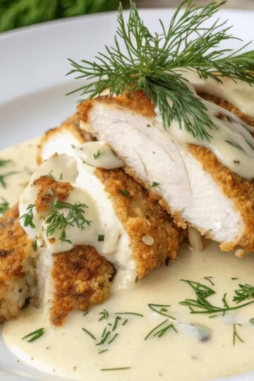 Crispy chicken breast with creamy sauce garnished with fresh dill on a white plate. Perfect for a gourmet meal.