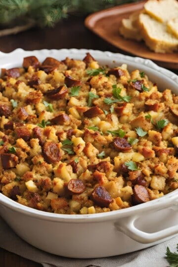 Savory stuffing with sausage in a white dish, garnished with parsley; sliced bread in the background.