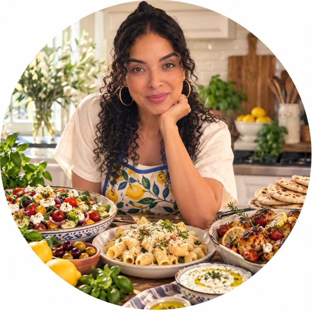 Lola in her kitchen with pasta, salad, and grilled dishes on table.