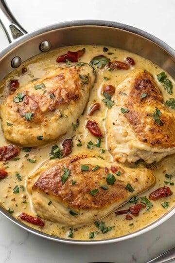 Creamy garlic chicken in a skillet with herbs and sun-dried tomatoes, perfect for a savory dinner recipe.