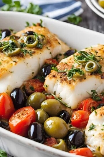 Baked fish fillets with olives, cherry tomatoes, and herbs in a white dish, garnished with green and black olives.