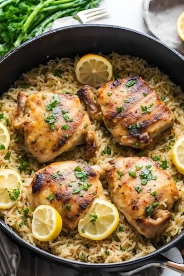Skillet lemon chicken thighs served on seasoned rice with parsley garnish in a cast iron pan, garnished with lemon slices.