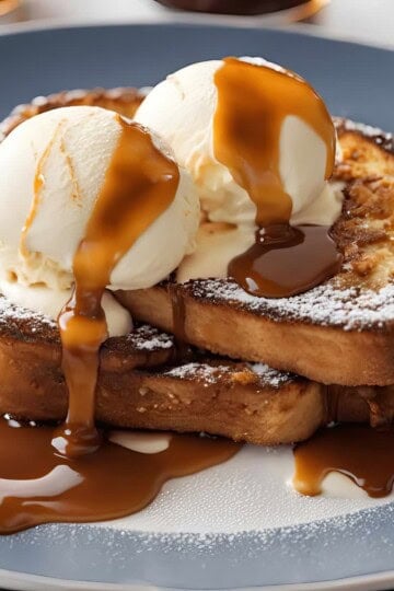 Decadent French toast topped with vanilla ice cream and rich caramel syrup on a blue plate.