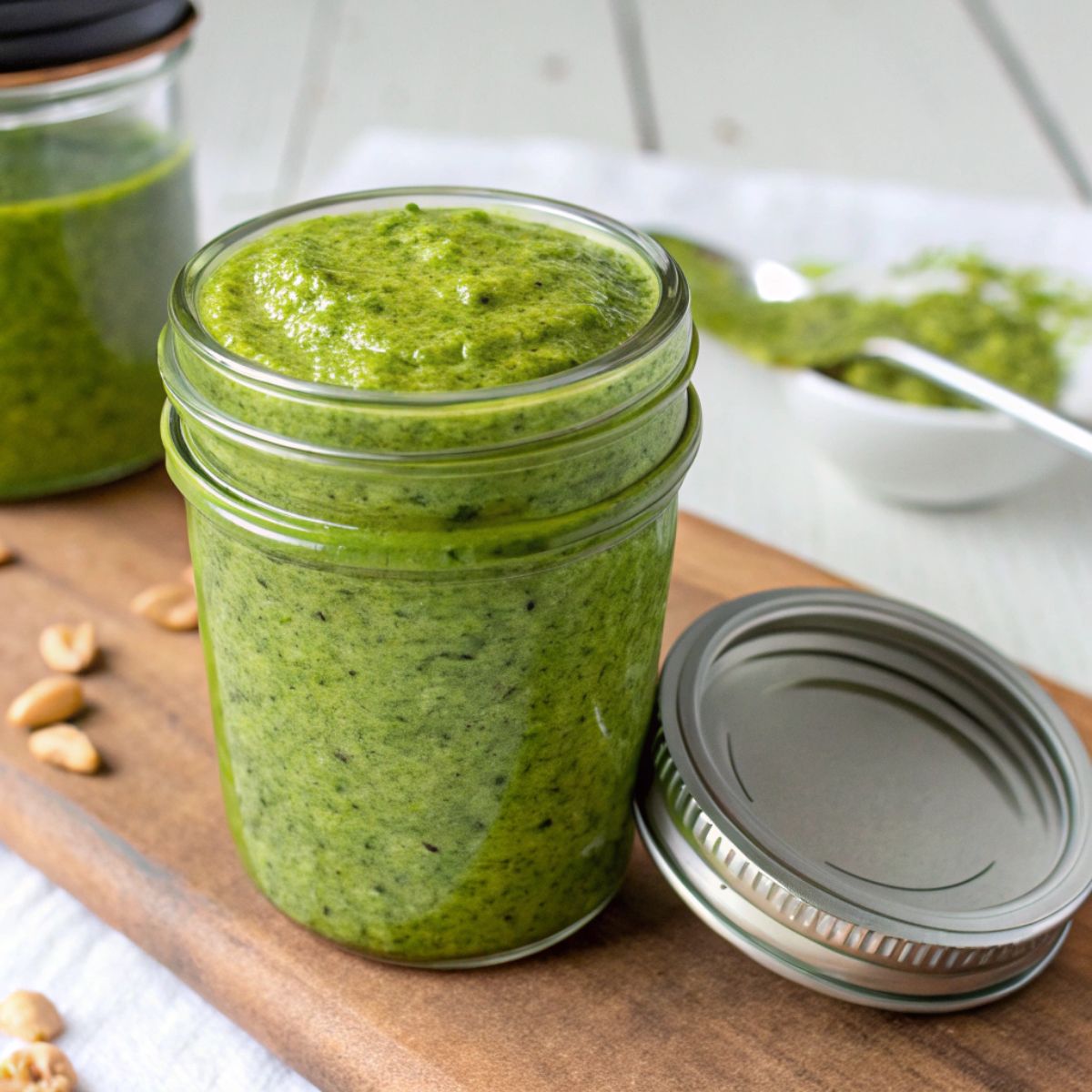 Green pistachio pesto sauce in a glass jar on a wooden board with peanuts and a spoon nearby.