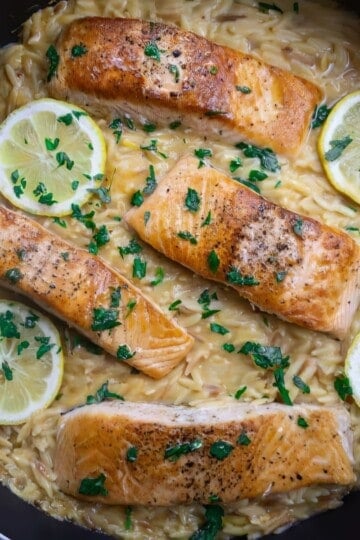 Pan-seared salmon with lemon slices on creamy orzo pasta, garnished with fresh parsley.