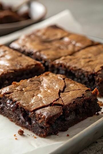 Close-up of rich, fudgy chocolate brownies with a crispy top on parchment paper.