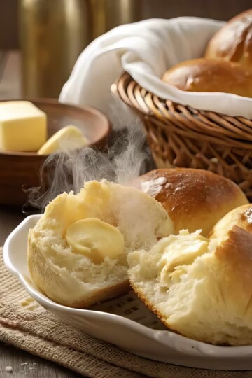 Warm, steaming dinner rolls with melting butter, served in a white plate with a basket of fresh bread in the background.