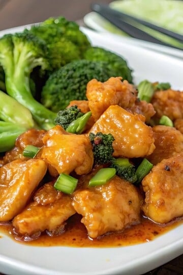Spicy chicken stir-fry with broccoli on a white plate, garnished with green onions. Delicious and healthy Asian cuisine.