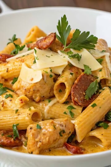 Creamy pasta with chicken, sausage, and fresh herbs in a white dish, garnished with cheese and parsley.
