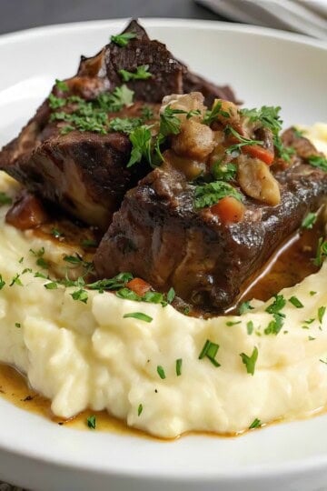 Braised short ribs on creamy mashed potatoes, garnished with fresh herbs, served on a white plate.