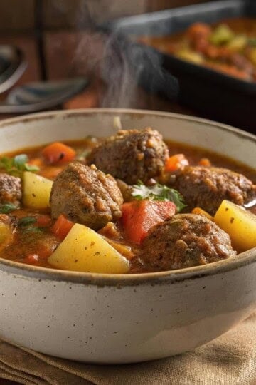 Hearty meatballs, potatoes, and carrots in a bowl, perfect for a comforting, warm meal on a cold day.