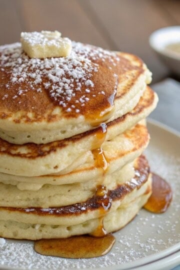 Stack of fluffy pancakes with syrup and butter, sprinkled with powdered sugar on a plate.