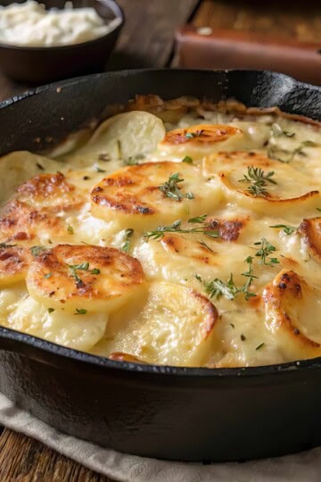 Cheesy potato gratin in a skillet, baked to golden perfection with fresh herbs, on a rustic wooden table.