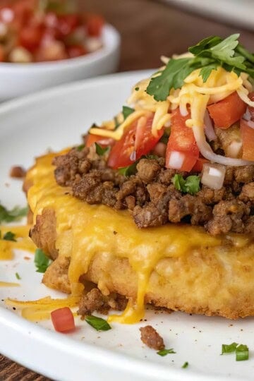 Tasty taco salad on a crispy shell topped with cheese, beef, and fresh veggies, served on a white plate.