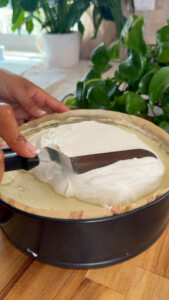 Spreading creamy batter on cheesecake in a springform pan.