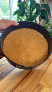 Hand holding a pan with graham cracker crust.
