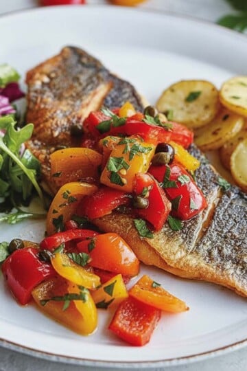 Crispy branzino al forno with colorful bell peppers and capers, served with roasted potatoes and mixed greens on a white plate.